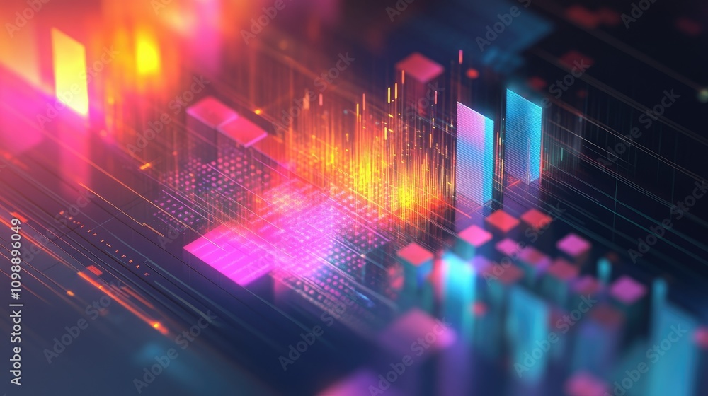 Poster Isometric 3D chart displaying data metrics, with colorful gradients and clean lines, showcasing the visual representation of complex digital information