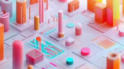 Isometric 3D chart displaying data metrics, with colorful gradients and clean lines, showcasing the visual representation of complex digital information