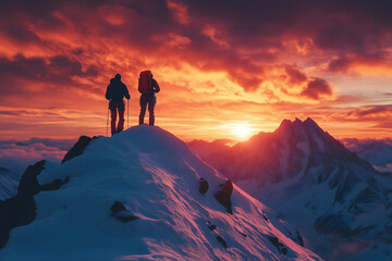 Obraz premium Two hikers standing on top of a snowy mountain looking at the sunset