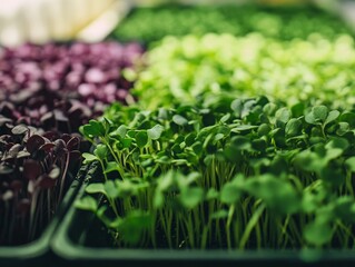 A close-up of a tray of microgreens, their tiny leaves and stems standing upright in vibrant greens and purples