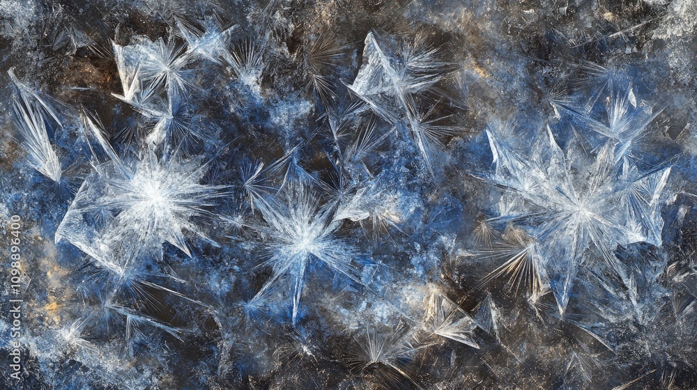 Poster shattered ice crystals form glowing abstract fractal patterns in a winter scene, with cool shades of