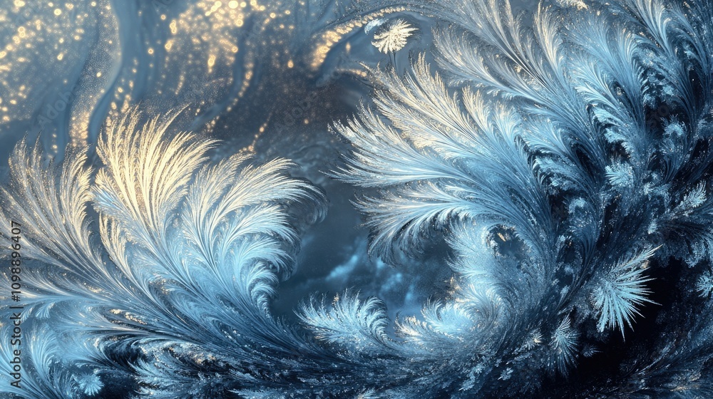 Poster shattered ice crystals form glowing abstract fractal patterns in a winter scene, with cool shades of