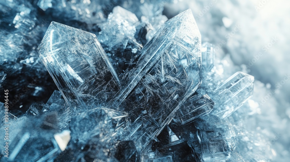 Poster shattered ice crystals form glowing abstract fractal patterns in a winter scene, with cool shades of