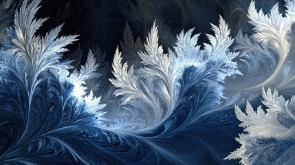 Fototapeta premium Shattered ice crystals form glowing abstract fractal patterns in a winter scene, with cool shades of blue, black, and white creating a stunning icy texture