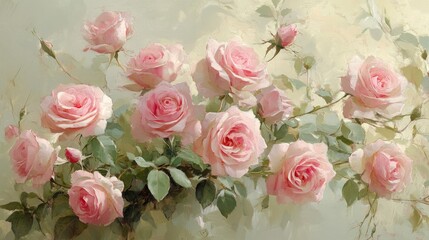 Obraz premium Soft, elegant pink roses arranged in a floral bouquet, set against a gentle pastel background, evoking feelings of calm, beauty, and serenity