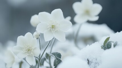 White flowers blooming gently in a snowy landscape, showcasing intricate petals and delicate details amidst a soft winter blanket of snow.