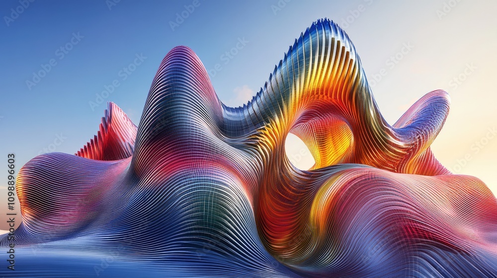 Poster Surreal 3D rendering of multicolored abstract shapes forming dynamic waves and peaks, creating a striking visual of flowing, organic forms in vibrant hues