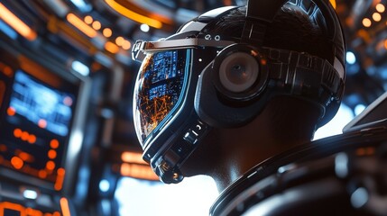 A close-up of a user wearing a VR headset, experiencing a virtual spacewalk outside a futuristic spacecraft