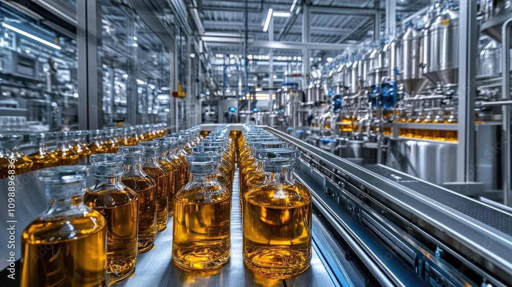 Poster view of an automated bottle packaging line in a large-scale industrial alcohol facility, with rows o