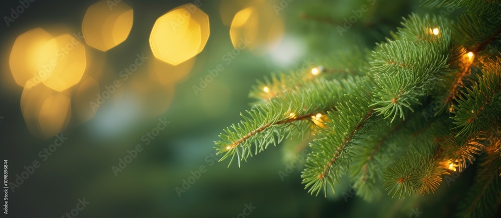 Aufkleber christmas tree branch with yellow lights glowing softly in blurred bokeh creating a warm festive atm