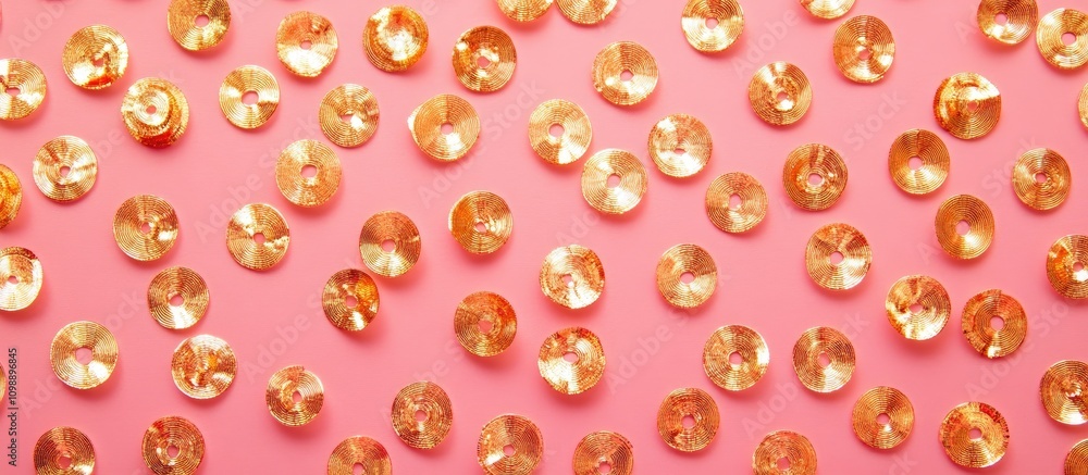 Poster golden sequins arranged on a soft pink background in a flat lay design with ample space for adding c