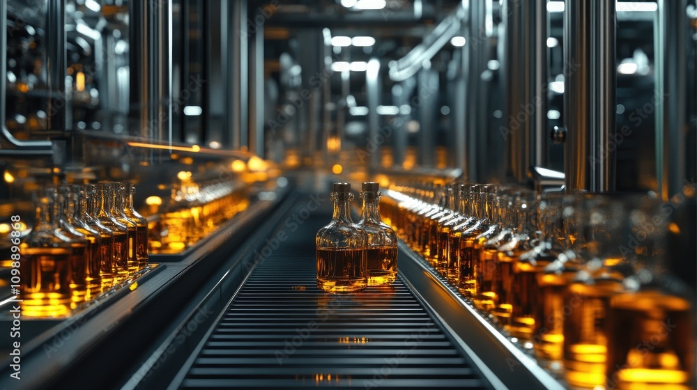 Poster view of an automated bottle packaging line in a large-scale industrial alcohol facility, with rows o