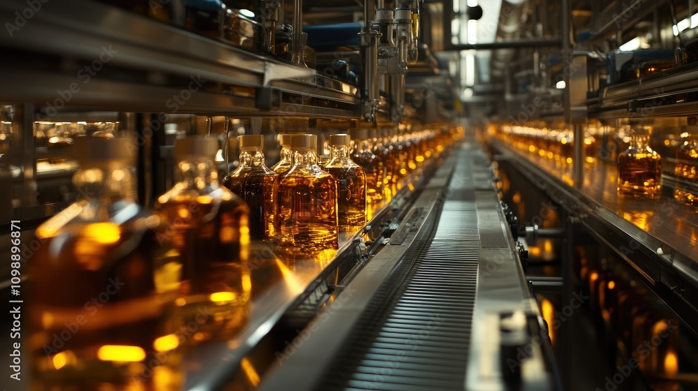 Poster view of an automated bottle packaging line in a large-scale industrial alcohol facility, with rows o