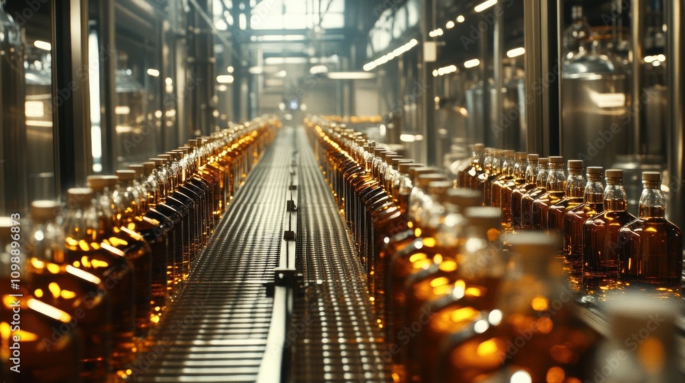 Poster view of an automated bottle packaging line in a large-scale industrial alcohol facility, with rows o