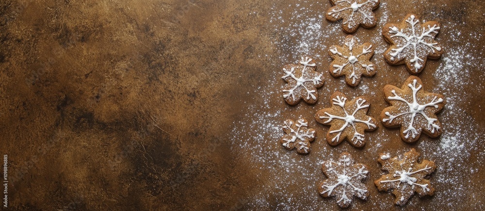 Poster gingerbread snowflake cookies topped with powdered sugar on a rustic background with ample copy spac