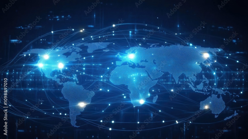 Poster Visual representation of a global network connection, with glowing data lines and interconnected nodes, symbolizing modern communication and digital innovation