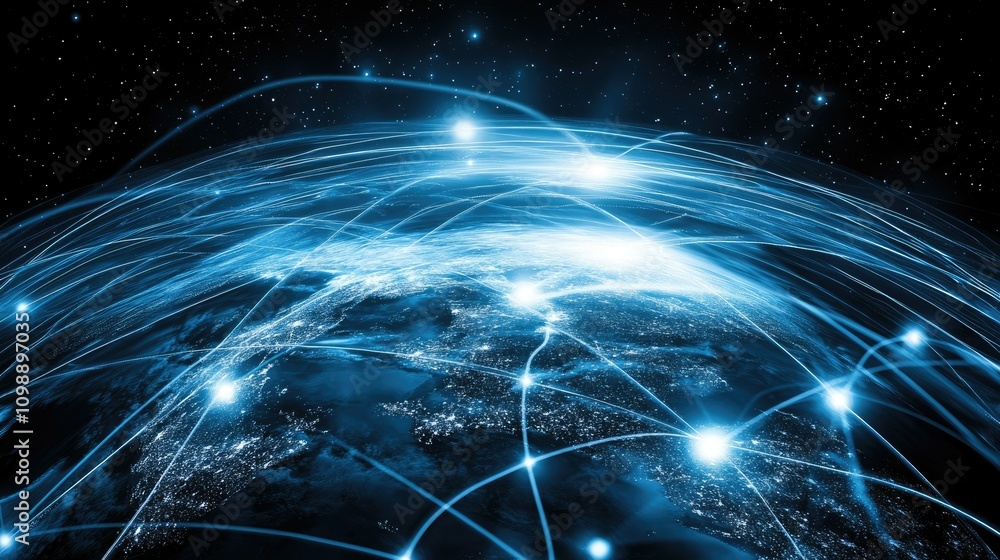Poster Visual representation of a global network connection, with glowing data lines and interconnected nodes, symbolizing modern communication and digital innovation