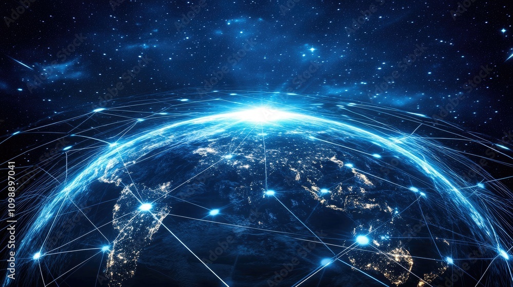 Poster Visual representation of a global network connection, with glowing data lines and interconnected nodes, symbolizing modern communication and digital innovation