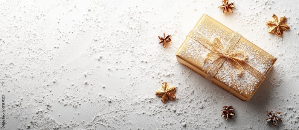 Poster elegant golden gift box on a white rustic background with decorative elements providing ample copy s