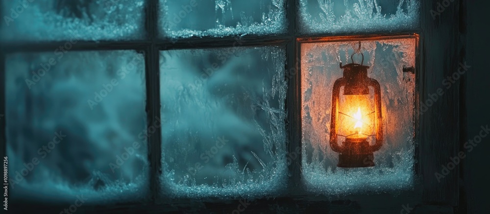 Poster frosted windowpane illuminated by a warm lantern in a serene winter setting capturing the essence of