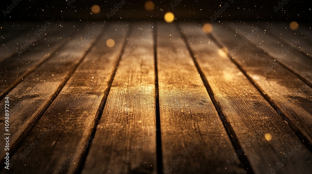 Poster weathered wooden planks illuminated by warm lighting, showing the natural wood grain and scattered w