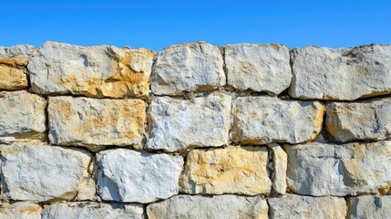 Obraz premium Weathered stone wall of ancient fortress ruins, with cracked, eroded textures and natural wear, against a clear blue sky, evoking a sense of history and age