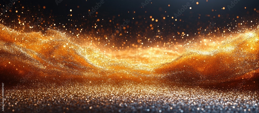 Poster gold glitter texture on a dark backdrop with soft waves and ample center copy space ideal for elegan