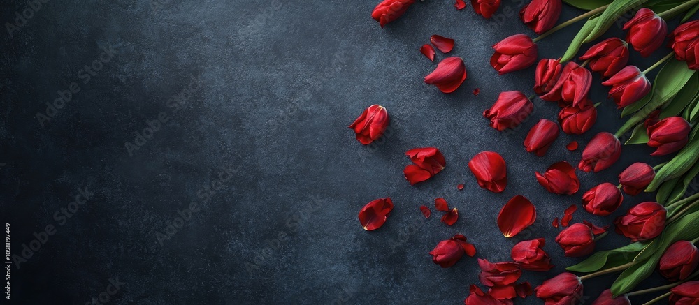 Poster vibrant red tulip petals scattered on a dark stone table creating an elegant overhead composition wi