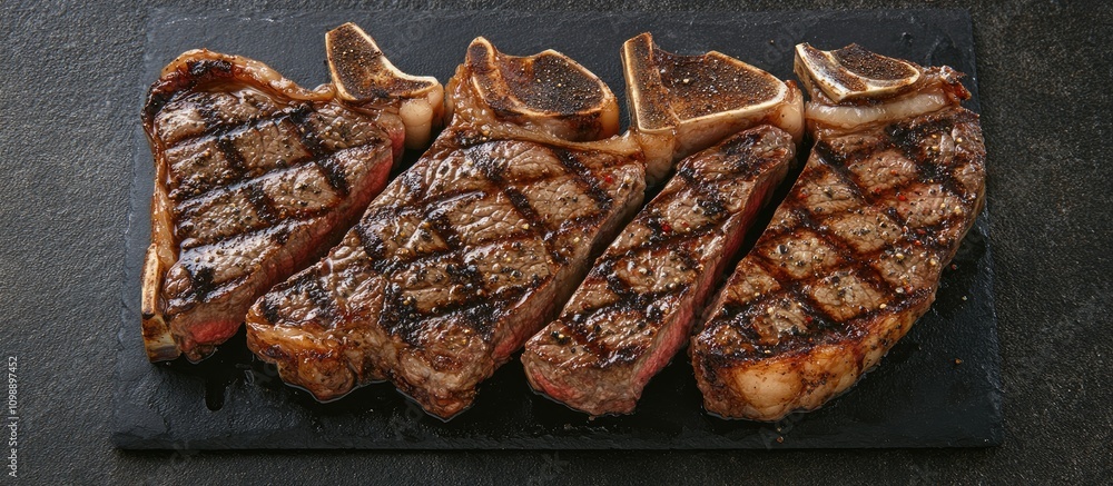 Poster grilled t-bone steaks arranged neatly on a stone surface showcasing texture and grill marks with spa