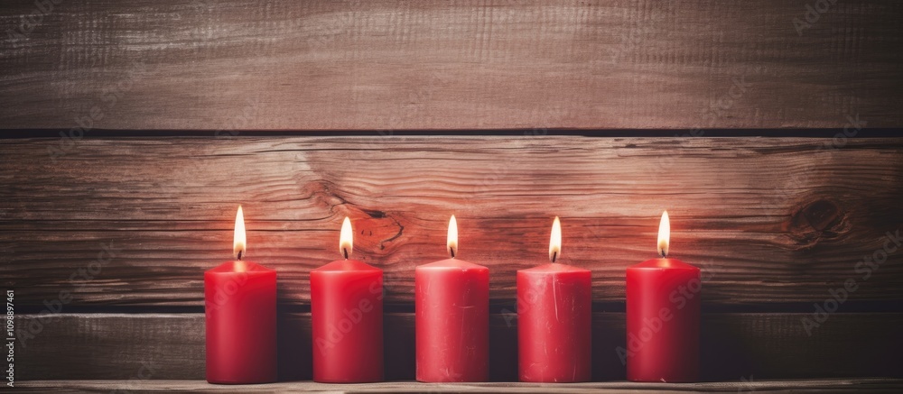 Poster four lit red advent candles arranged on a rustic wooden background creating a warm vintage atmospher