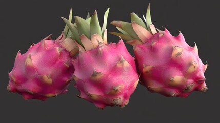 Vibrant dragonfruit trio with pink skin and green spikes, displayed on a transparent background, showcasing its exotic appearance and texture.