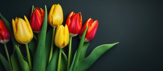 Obraz premium Vibrant yellow and red tulips arranged with green leaves on a dark green background for a cheerful holiday theme