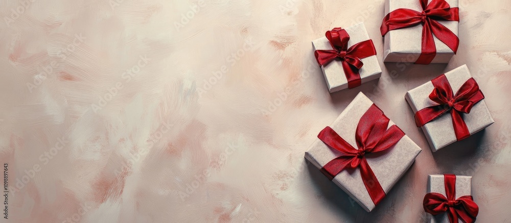 Poster gift boxes of different sizes with red silk ribbons on a rustic beige background aerial view with em