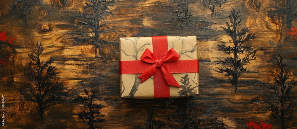 Poster rustic gift wrapped in craft paper with red ribbon on a burnt wood background featuring painted tree