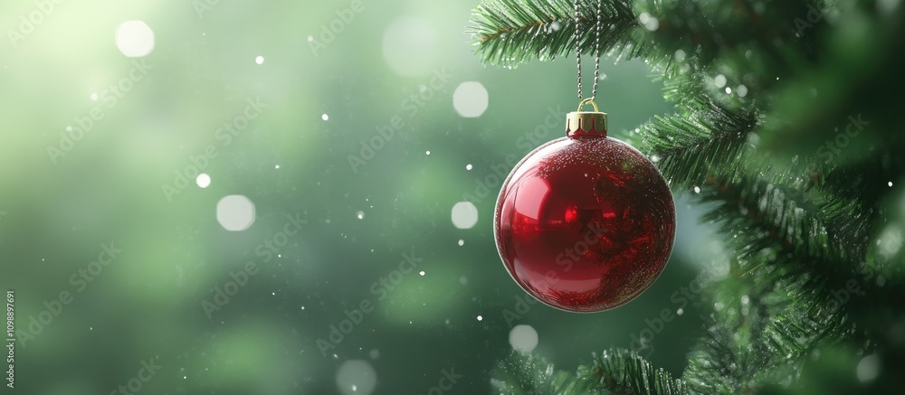 Aufkleber red glass ornament hanging from a christmas tree branch with a soft bokeh background creating a fest