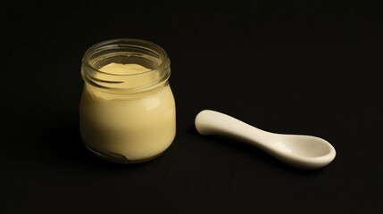 Creamy custard in a clear glass jar next to a sleek white ceramic spoon on a dark background, highlighting its smooth texture and rich color.