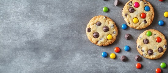 Obraz premium Homemade shortbread cookies with chocolate chips and colorful candy on a textured gray background in a square format.