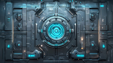 Fototapeta premium Futuristic metallic door or hatch on a spaceship, with intricate sci-fi design and cool blue lighting. Sci-fi. Illustration