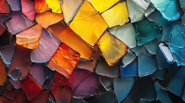 Close-up of vibrant multicolored shards of broken glass featuring dynamic textures, sharp edges, and reflective surfaces creating an eye-catching mosaic.
