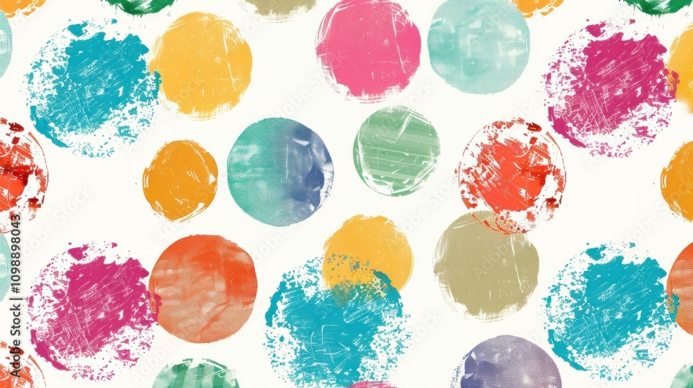 Poster colorful abstract circles pattern with textured brush strokes in various vibrant shades on a light b