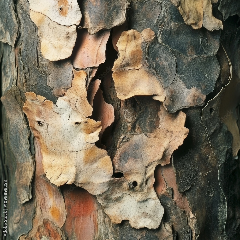 Poster a close-up of the bark and leaves of an endangered tree, showing its unique and fragile characterist