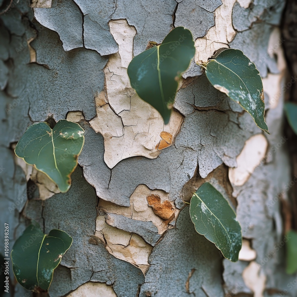 Poster a close-up of the bark and leaves of an endangered tree, showing its unique and fragile characterist