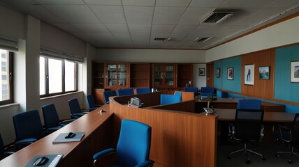 Empty modern office conference room with wooden desks and blue chairs.