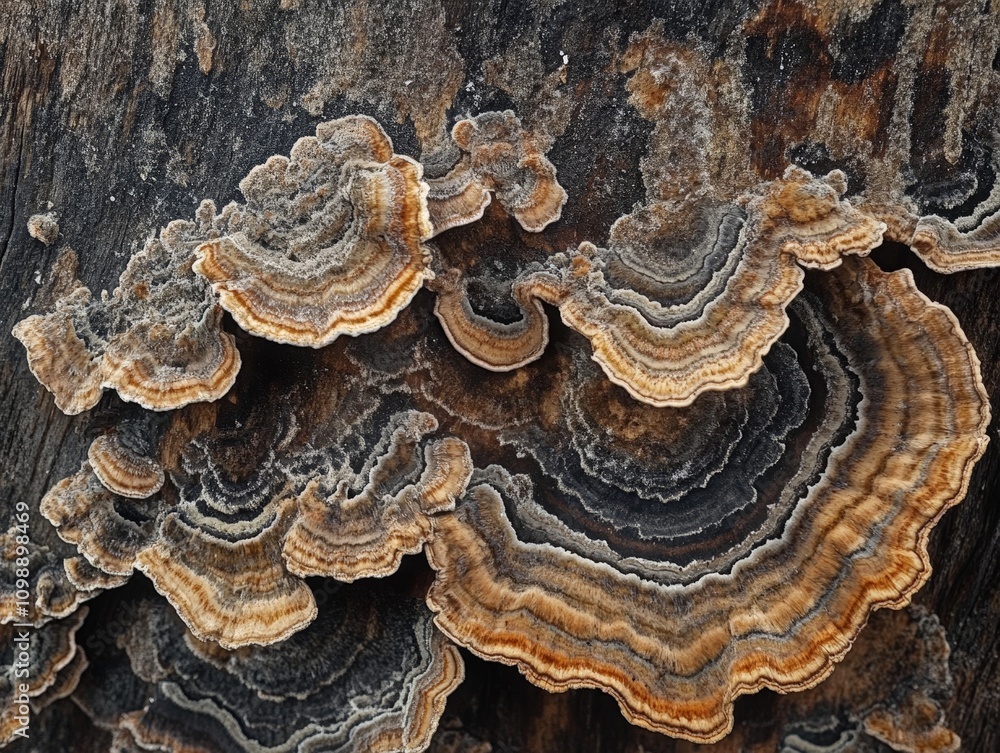 Poster a close-up of tree mushrooms, their intricate patterns and textures adding life to the bark