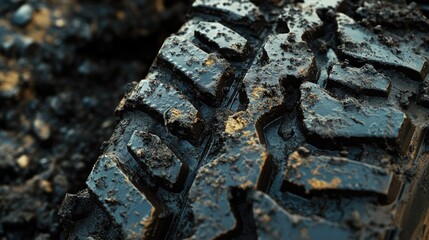 Close-up view of a rugged tire tread covered in mud and dirt, showcasing its durability for industrial heavy-duty outdoor machinery applications.