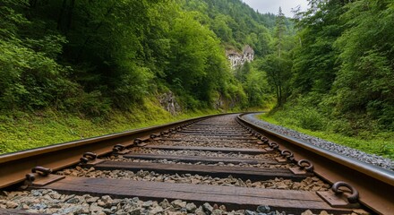 Scenic railway track winding through a lush green forest