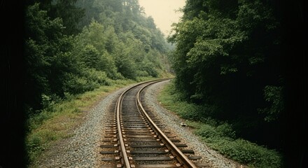 Obraz premium Scenic railway track winding through a lush green forest