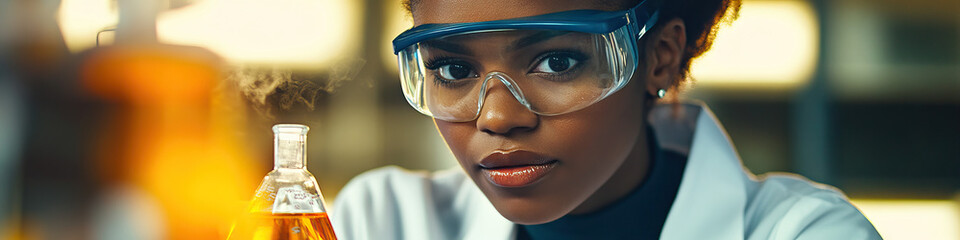 African American woman in lab coat and safety goggles pours chemicals into a beaker, concentrating intently.