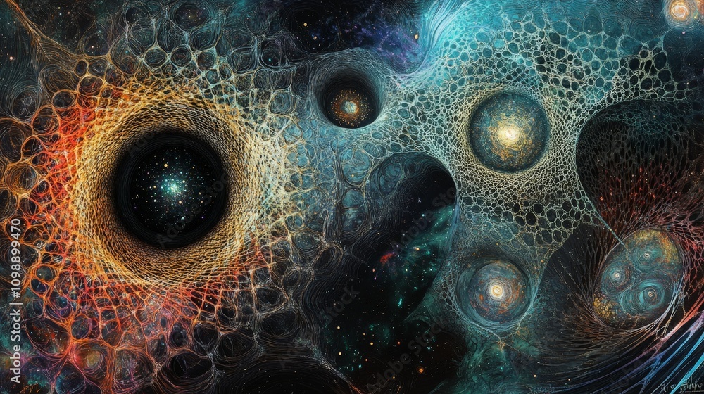 Aufkleber a conceptual artwork exploring the idea of black holes as nodes in a multiverse network, with intric