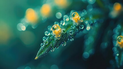 Close-up of cannabis trichomes glistening with dew, featuring vibrant yellow tips, highlighting the unique jealousy characteristics of the strain.